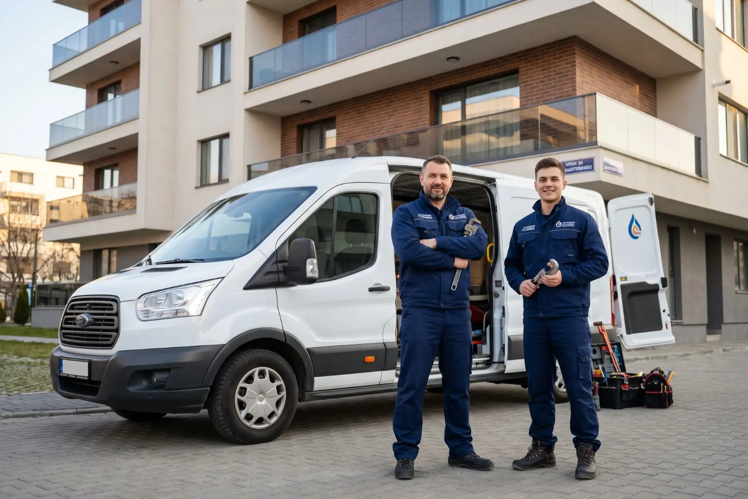 Doi instalatori profesioniști în uniforme albastre, zâmbind și ținând chei de țevi, stând în fața unei autoutilitare albe de service parcată lângă un complex rezidențial modern. În spatele lor se observă ușa deschisă a dubei și truse de scule pregătite pentru lucrare.