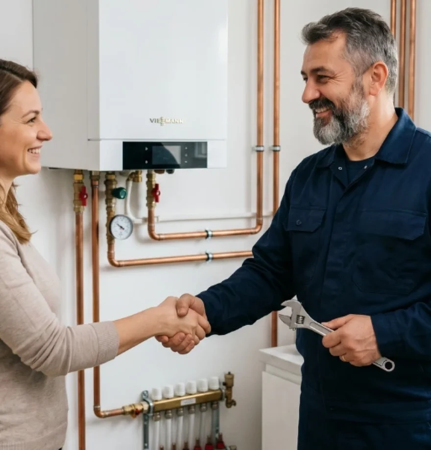 Un instalator profesionist în salopetă albastră, ținând o cheie reglabilă, dă mâna zâmbind cu o clientă mulțumită în fața unei centrale termice Viessmann recent montate. Pe perete se observă racorduri impecabile din cupru și un distribuitor pentru încălzire, iar pe blat o trusă de scule deschisă.