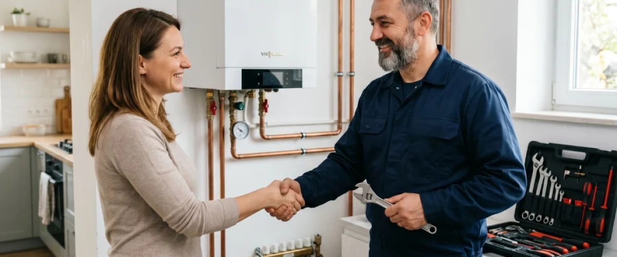 Un instalator profesionist în salopetă albastră, ținând o cheie reglabilă, dă mâna zâmbind cu o clientă mulțumită în fața unei centrale termice Viessmann recent montate. Pe perete se observă racorduri impecabile din cupru și un distribuitor pentru încălzire, iar pe blat o trusă de scule deschisă.